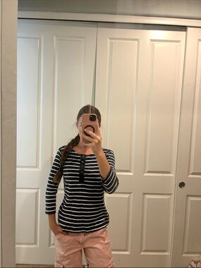 Ralph Lauren Black & White Striped Henley Long-Sleeve Top